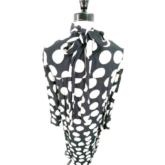 Studio Women Long Sleeve High Neck Bow Polka Dot Midi Dress Black White Size Sma - Picture 3 of 16